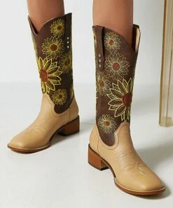 Cheap ⭐ BUTITI Camel Sunflower Embroidered Cowboy Boot - 👩 Women ✔️