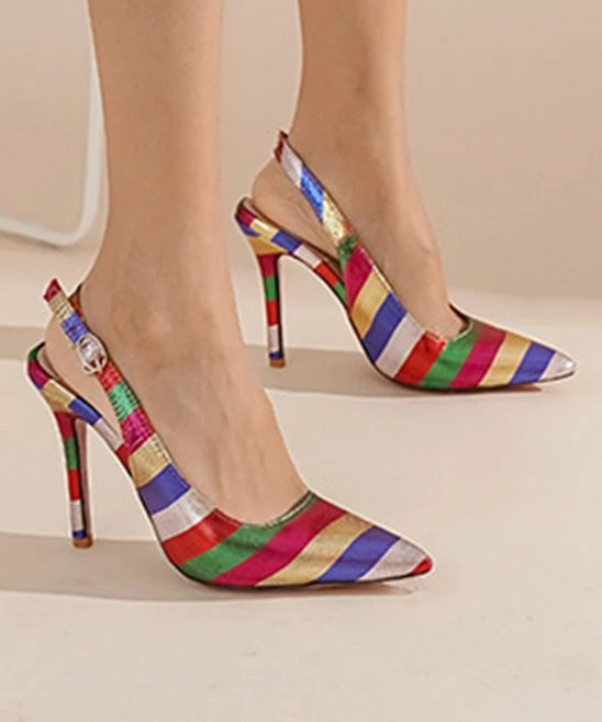 Budget ๐ BUTITI Red & Silvertone Multicolor Metallic Stripe Slingback Pump - ๐ฉ Women โญ 3 Budget ๐ BUTITI Red & Silvertone Multicolor Metallic Stripe Slingback Pump - ๐ฉ Women โญ - Image 3