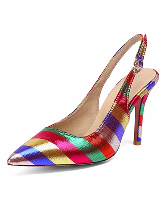 Budget ๐ BUTITI Red & Silvertone Multicolor Metallic Stripe Slingback Pump - ๐ฉ Women โญ 4 Budget ๐ BUTITI Red & Silvertone Multicolor Metallic Stripe Slingback Pump - ๐ฉ Women โญ - Image 4