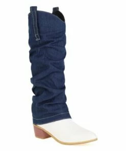 Promo ❤️ BUTITI Mazarine Blue & White Denim-Shaft Cowboy Boot - 👩 Women 👍 -BUTITI Shop zu103359832 alt 2 tm1644965783
