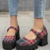 Discount 🥰 BUTITI Red & Gray Plaid Mary Jane Platform 👟 Shoe - 👩 Women 😍
