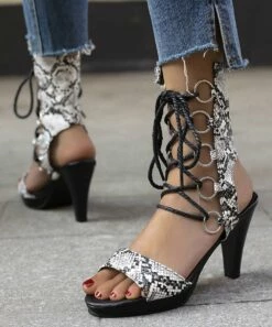 Promo 🔔 BUTITI White Snake-Embossed Block-Heel Gladiator 🩴 Sandal - 👩 Women 🔔 -BUTITI Shop zu104377286 alt 2 tm1648056966