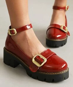Brand new 🔥 BUTITI Red Buckle-Accent Ankle-Strap Platform Loafer - 👩 Women 💯