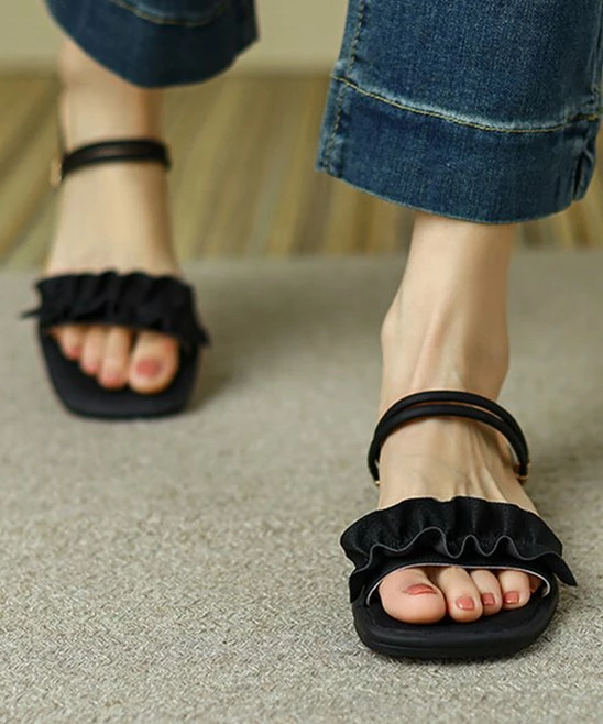 Best deal 👏 BUTITI Black Ruffle-Strap 🩴 Sandal - 👩 Women ⌛ 2 Best deal 👏 BUTITI Black Ruffle-Strap 🩴 Sandal - 👩 Women ⌛ - Image 2