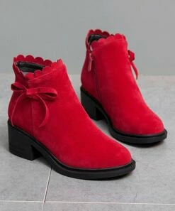 Best Pirce ❤️ BUTITI Red Scallop-Trim Bow Bootie - 👩 Women ❤️