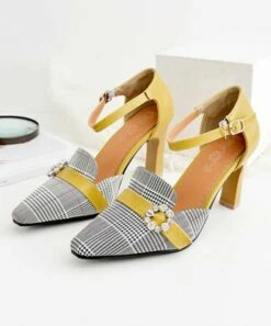 Coupon 🧨 BUTITI Yellow & Gray Plaid Embellished Ankle-Strap Pump - 👩 Women 🤩