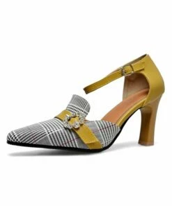 Coupon 🧨 BUTITI Yellow & Gray Plaid Embellished Ankle-Strap Pump - 👩 Women 🤩 -BUTITI Shop zu98153230 alt 3 tm1627584832