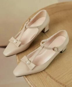 Top 10 👍 BUTITI Khaki Imitation Pearl & Bow-Detail T-Strap Pump - 👩 Women 🔔 -BUTITI Shop zu98708548 alt 2 tm1629314015