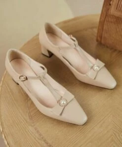 BUTITI Shop 21 Top 10 👍 BUTITI Khaki Imitation Pearl & Bow-Detail T-Strap Pump - 👩 Women 🔔