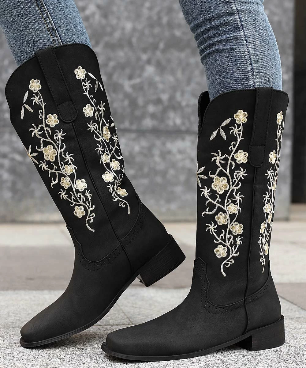 Best Pirce ๐ BUTITI Black & White Floral Embroidered Tall Cowboy ๐ฅพ Boots - ๐ฉ Women ๐ 4 Best Pirce ๐ BUTITI Black & White Floral Embroidered Tall Cowboy ๐ฅพ Boots - ๐ฉ Women ๐ - Image 4