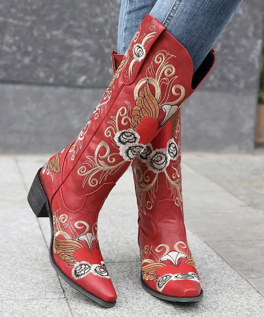 Best deal โจ BUTITI Red & Beige Heart Wings Embroidered Cowboy Boot - ๐ฉ Women ๐ 2 Best deal โจ BUTITI Red & Beige Heart Wings Embroidered Cowboy Boot - ๐ฉ Women ๐ - Image 2