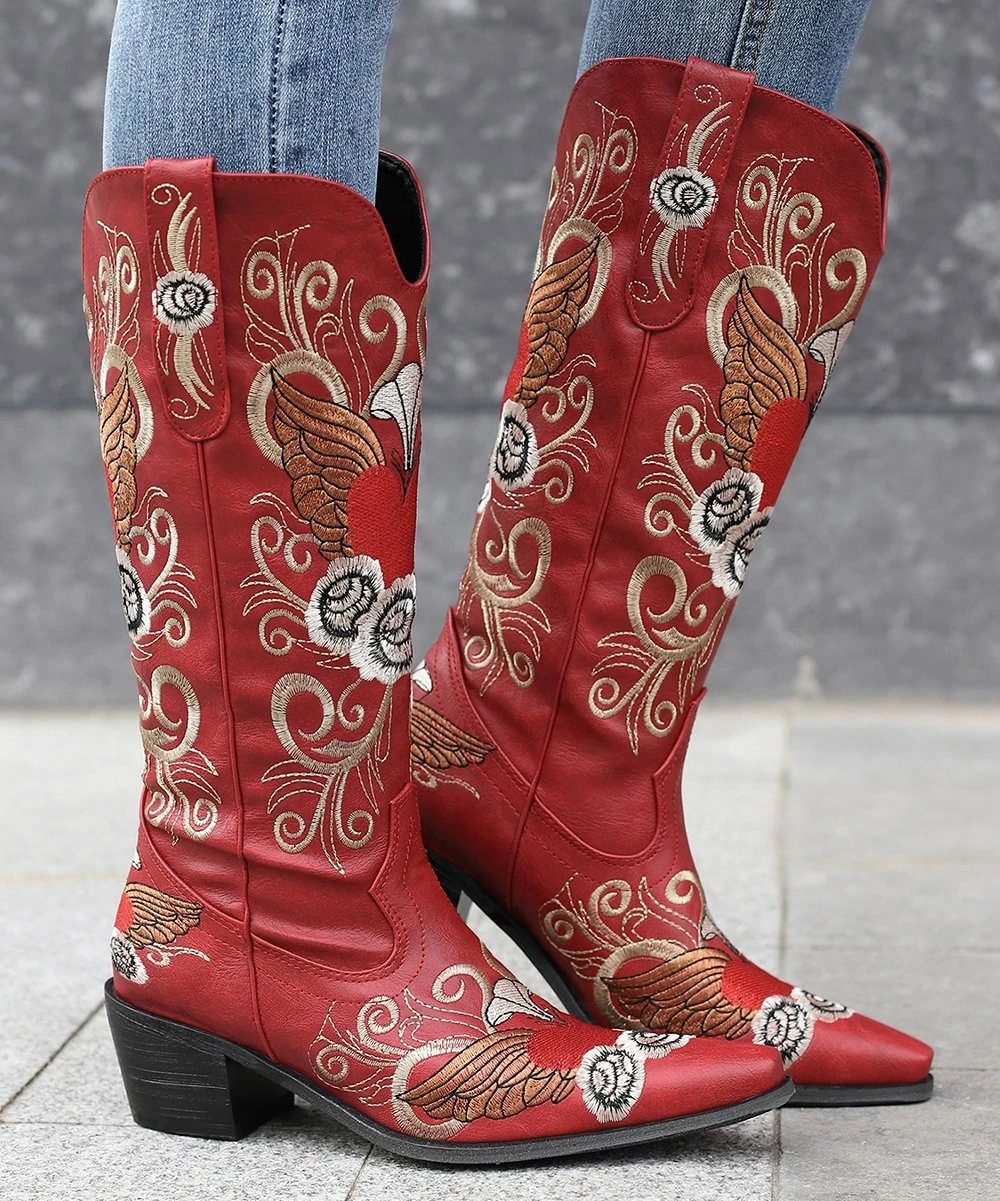 Best deal โจ BUTITI Red & Beige Heart Wings Embroidered Cowboy Boot - ๐ฉ Women ๐ 3 Best deal โจ BUTITI Red & Beige Heart Wings Embroidered Cowboy Boot - ๐ฉ Women ๐ - Image 3